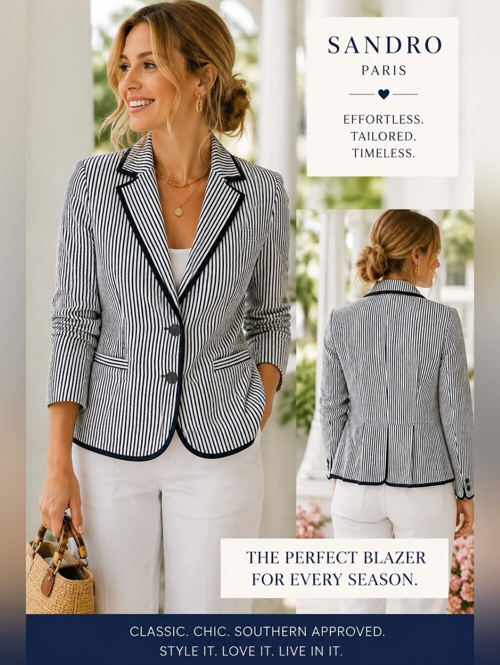 Sandro Paris Deep Navy White Seersucker Peplum Blazer Lined Lightweigh Jacket XL